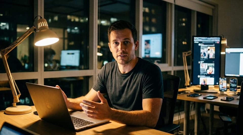 A man works at a laptop in a home office at night, surrounded by screens displaying digital content and analytics.